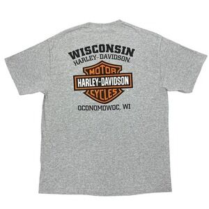 Harley Davidson T-Shirt XL Gray Orange Yellow S/S Oconomowoc Wisconsin